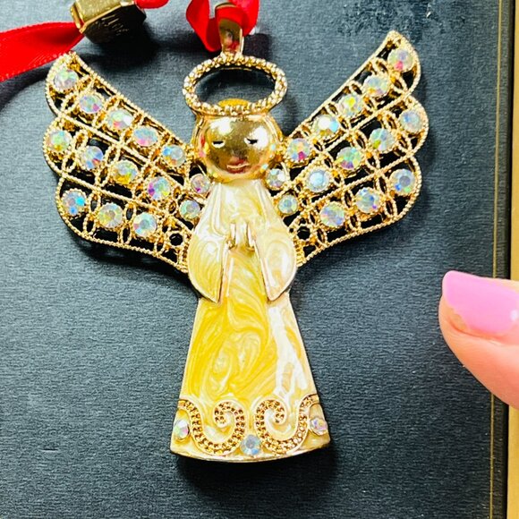 Monet Aurora Borealis Rhinestone Angel Ornament Ribbon Pendant Charm Purse Bling - Picture 2 of 8